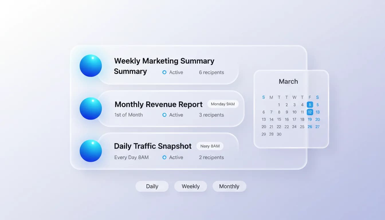Scheduling panel with cadence options, recipient list, and delivery calendar
