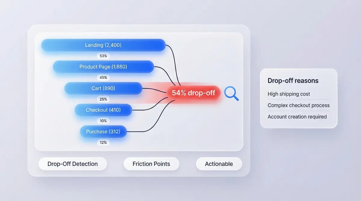 Funnel visualization showing 54% drop-off between Cart and Checkout with friction point analysis panel