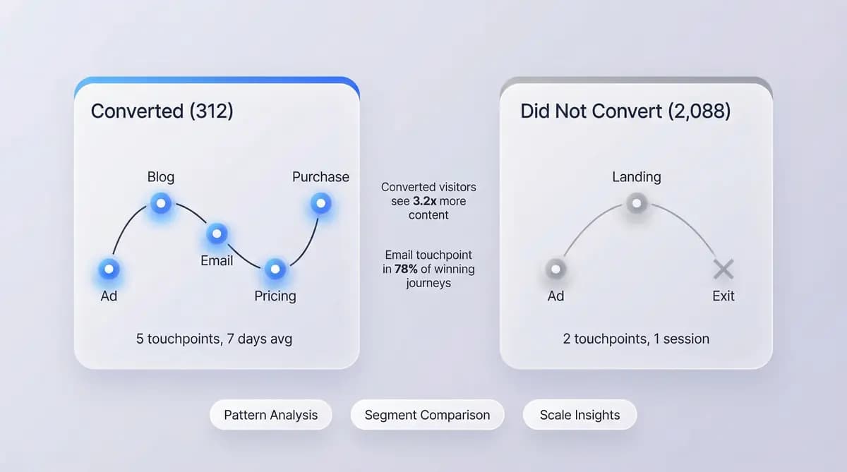 Side-by-side comparison of Converted and Did Not Convert visitor journeys with pattern analysis metrics