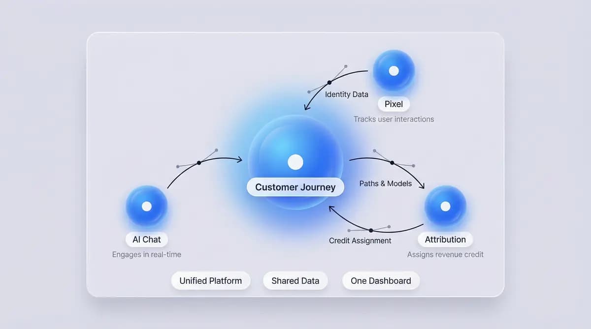 Platform hub diagram showing Customer Journey connected to Pixel, Attribution, and AI Chat products