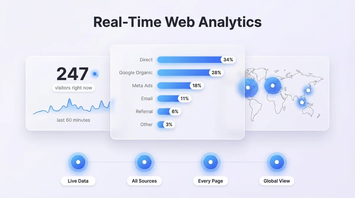Real-time analytics dashboard showing live visitor count, traffic sources, and top pages